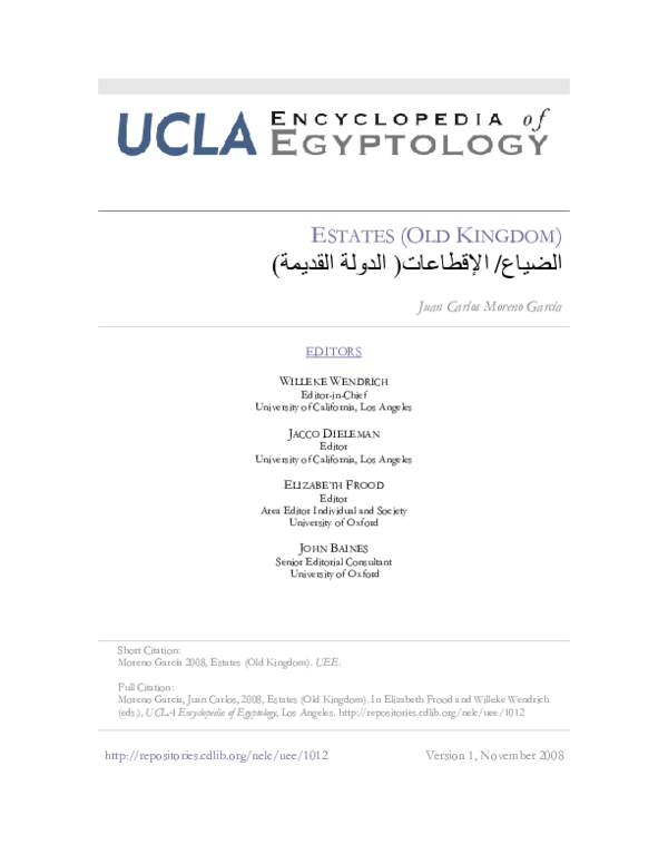 (PDF) "Estates (Old Kingdom)". In W. Wendrich, J. Dieleman, J. Baines
