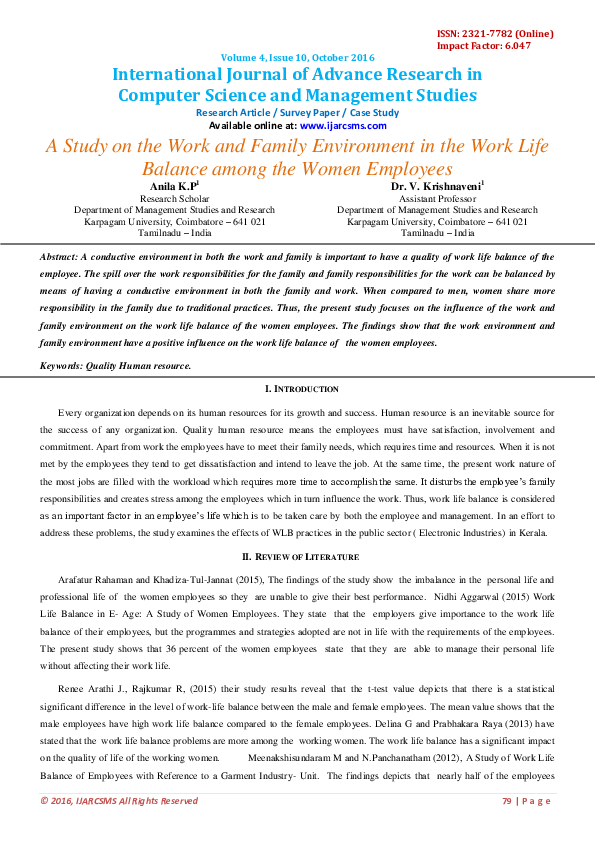 (PDF) A Study on the Work and Family Environment in the Work Life ...