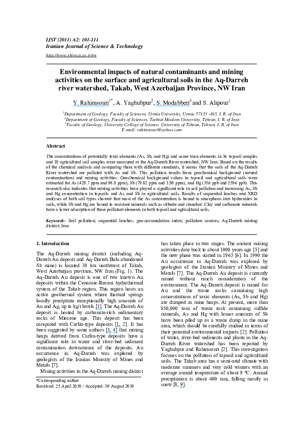 (PDF) Environmental impacts of natural contaminants and mining activities on the surface and