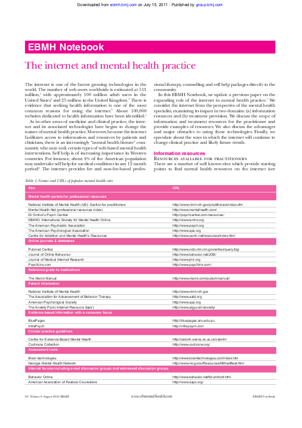 (PDF) The internet and mental health practice