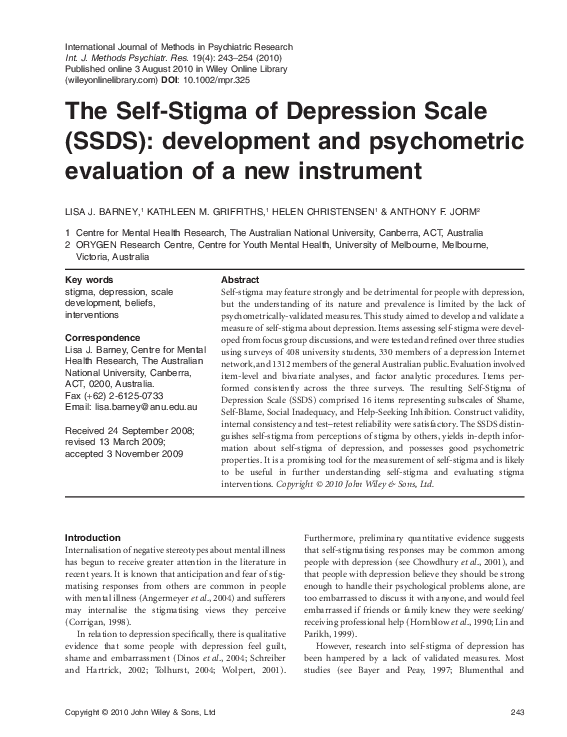 (PDF) The SelfStigma of Depression Scale (SSDS) development and