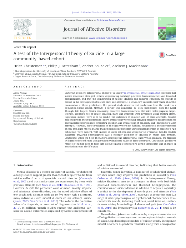 (PDF) The interpersonal theory of suicide | Kim Van Orden - Academia.edu