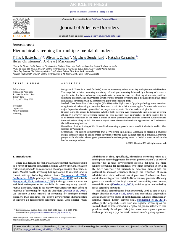 (PDF) Hierarchical screening for multiple mental disorders