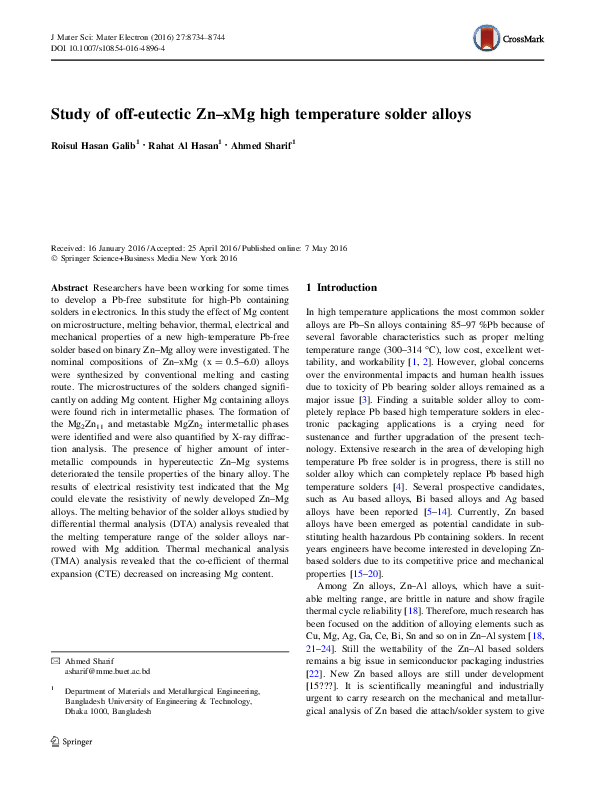 (PDF) Study of offeutectic ZnxMg high temperature solder alloys