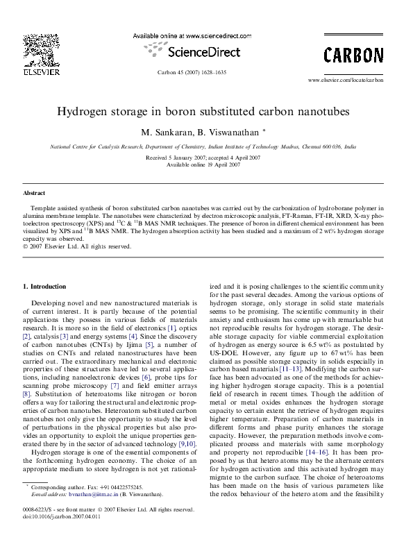 (PDF) Hydrogen storage in boron substituted carbon nanotubes