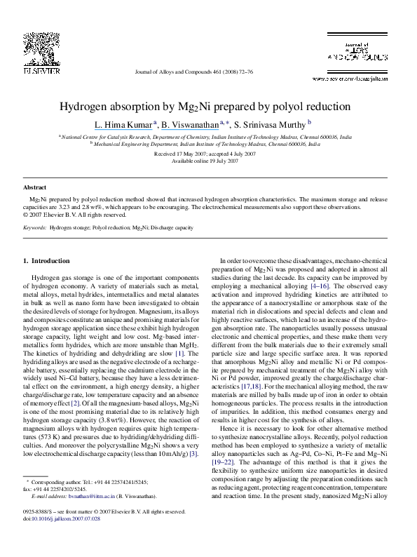 (PDF) Hydrogen absorption by Mg2Ni prepared by polyol reduction