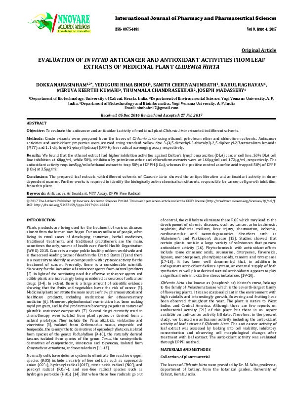 (PDF) EVALUATION OF IN VITRO ANTICANCER AND ANTIOXIDANT ACTIVITIES FROM ...