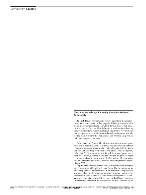 (PDF) Clozapine Rechallenge Following ClozapineInduced Pericarditis