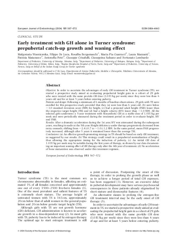 (PDF) Early treatment with GH alone in Turner syndrome prepubertal