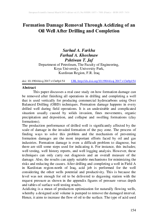 (PDF) Formation Damage Removal Through Acidizing of an Oil Well After ...