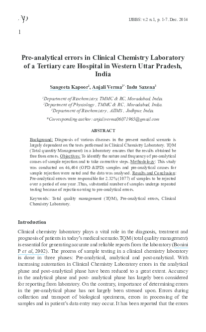 (PDF) Pre-analytical errors in clinical chemistry laboratory of a ...