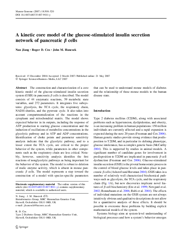 (PDF) A kinetic core model of the glucose-stimulated insulin secretion ...