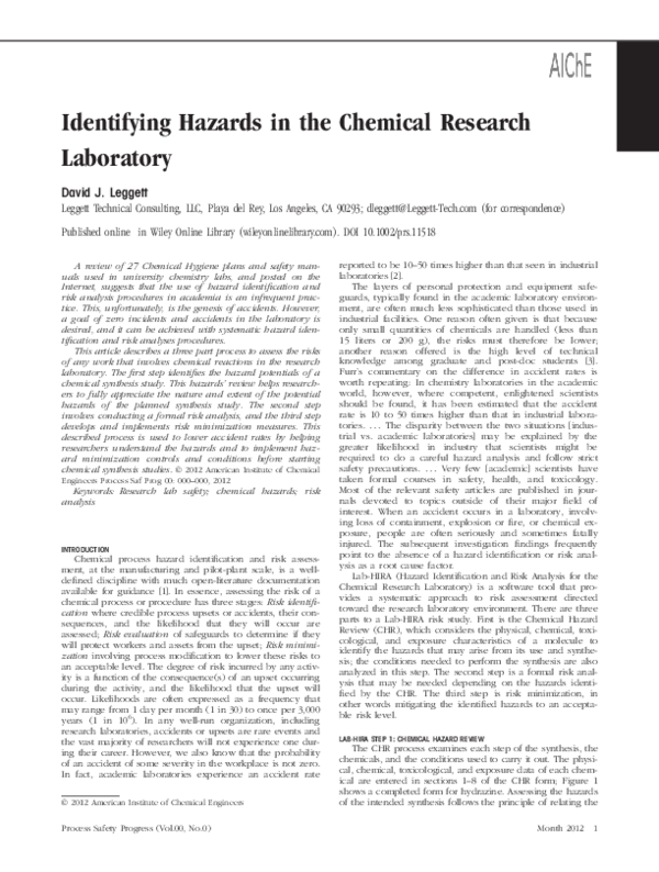 (PDF) Identifying hazards in the chemical research laboratory David F