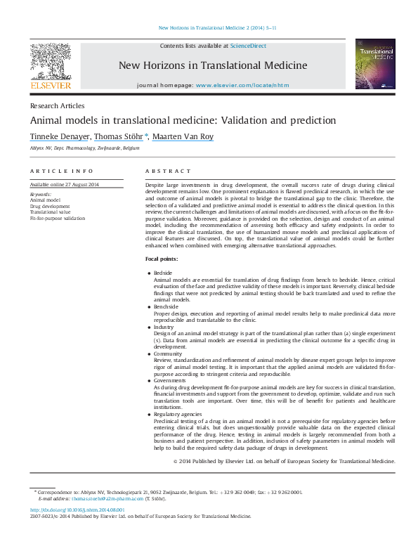 (PDF) Animal models in translational medicine Validation and