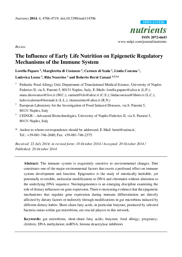 (PDF) The Influence of Early Life Nutrition on Epigenetic Regulatory ...