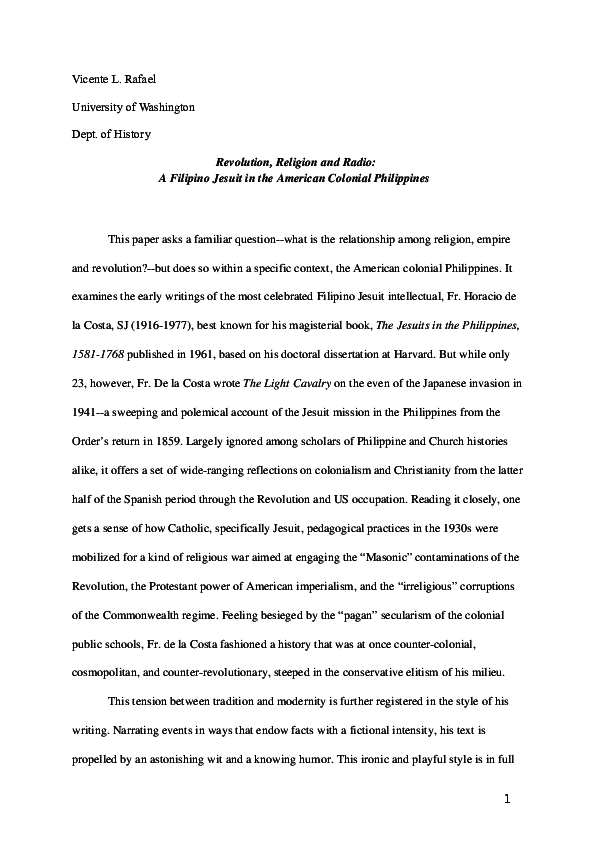 (DOC) Vicente Rafael, Revolution, Religion and Radio: A Filipino Jesuit ...