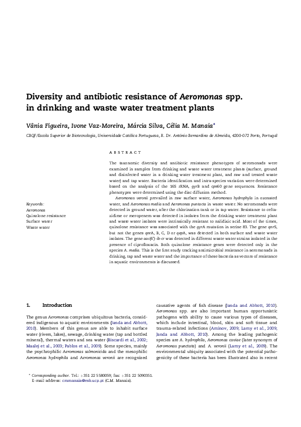 (PDF) Diversity and antibiotic resistance of Aeromonas spp. in drinking ...