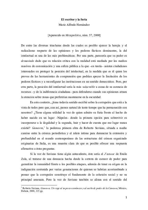 (PDF) El escritor y la furia. A propósito de "Gomorra" Mario Alfredo Hernandez Academia.edu