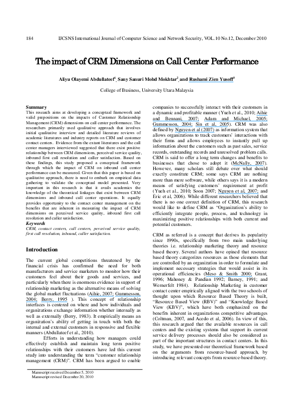 (PDF) The impact of CRM Dimensions on Call Center Performance