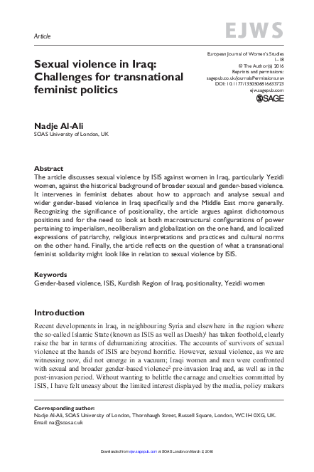(PDF) Sexual violence in Iraq: Challenges for transnational feminist ...