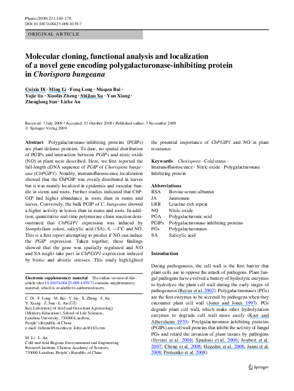 (PDF) Molecular cloning, functional analysis and localization of a ...