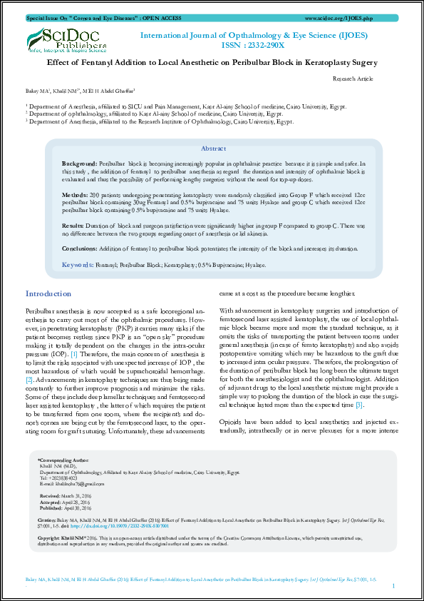 (PDF) Effect of Fentanyl Addition to Local Anesthetic on Peribulbar