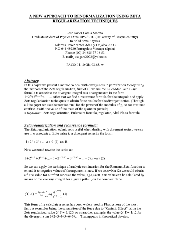 (PDF) A New Approach to Renormalization, Using Zeta regularization