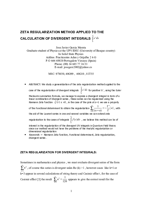 (PDF) Zeta Regularization Method Applied to the Calculation of