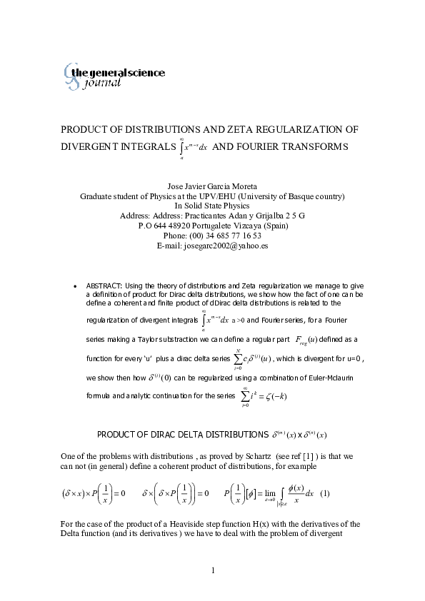 (PDF) Product of Distributions and Zeta Regularization of Divergent