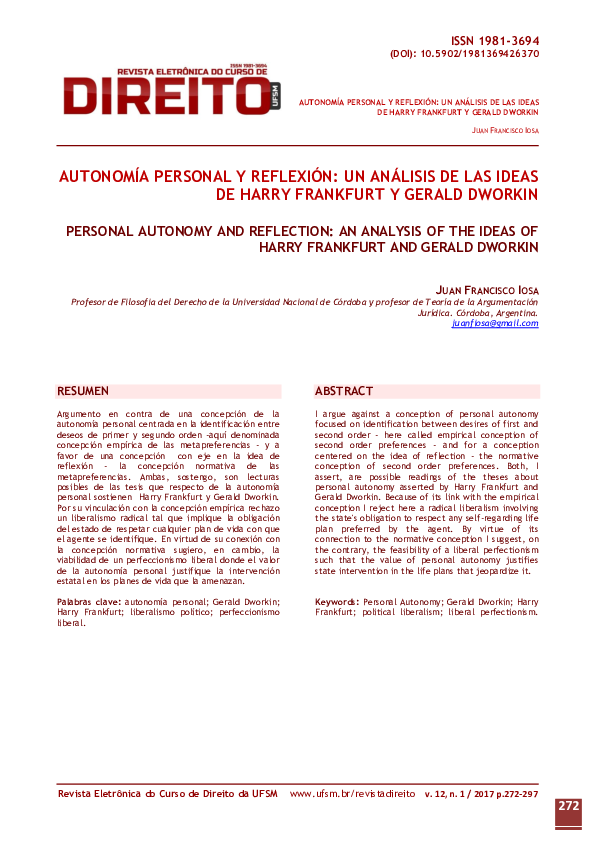 Iosa Autonomia personal y reflexion en Frankfurt y Dworkin Revista de Direito UFSM