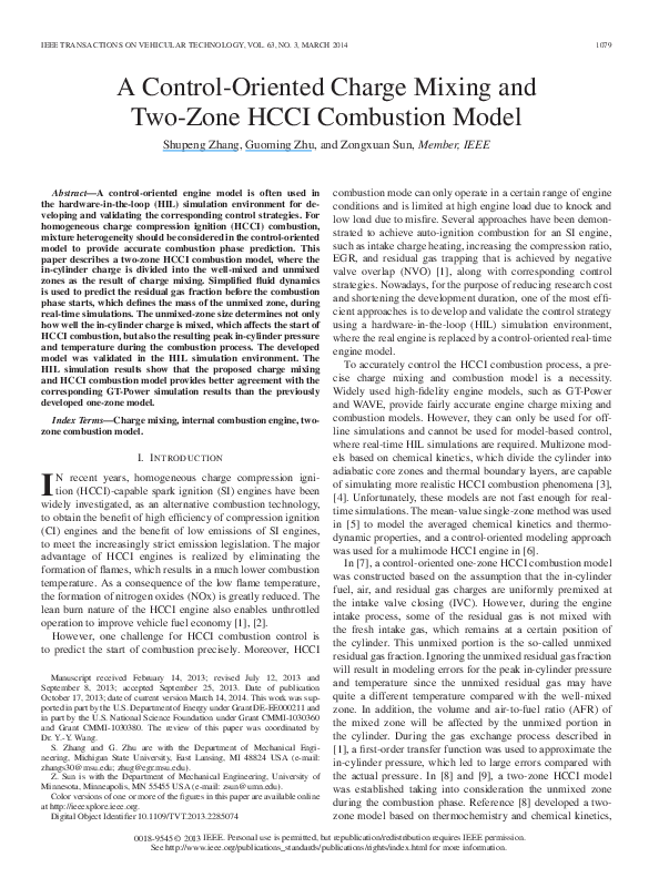 (PDF) A Control-Oriented Charge Mixing and Two-Zone HCCI Combustion Model