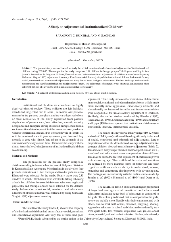 (PDF) A Study on Adjustment of Institutionalized Children
