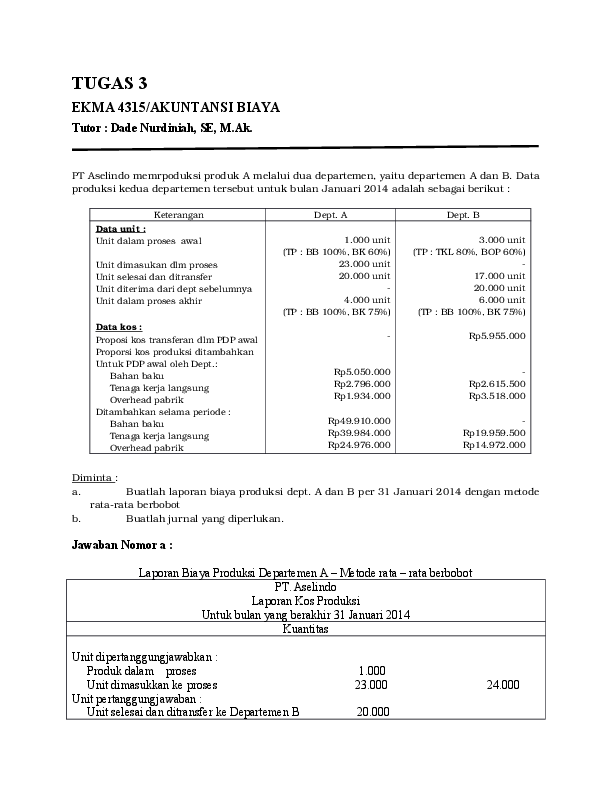Doc Tugas 3 Ekma 4315 Akuntansi Biaya Eny Suryani Academia Edu