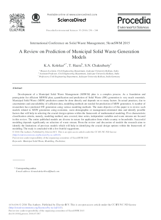 Pdf A Review On Prediction Of Municipal Solid Waste Generation Models