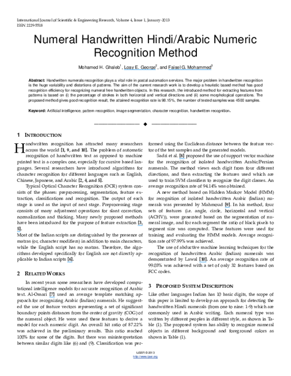 (PDF) Numeral Handwritten Hindi/Arabic Numeric Recognition Method