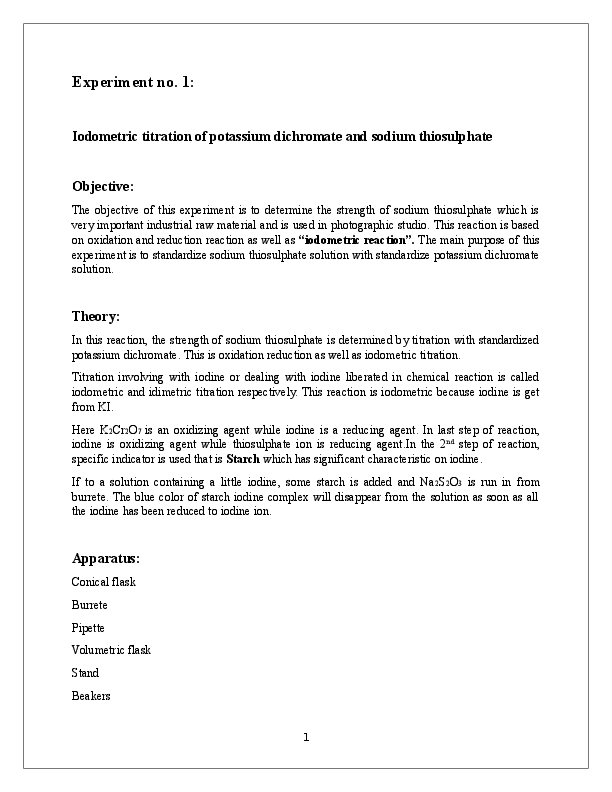(DOC) Experiment no. 1 Iodometric titration of potassium dichromate