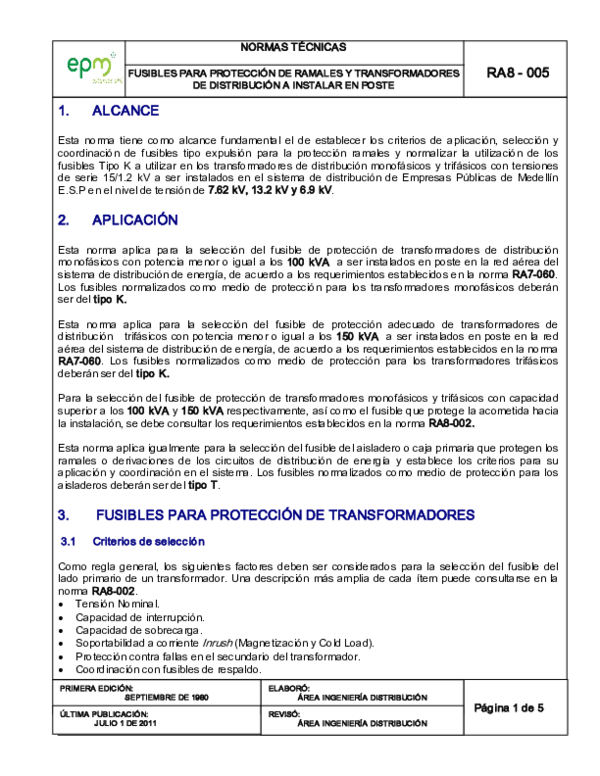 Tabla de fusibles para transformadores