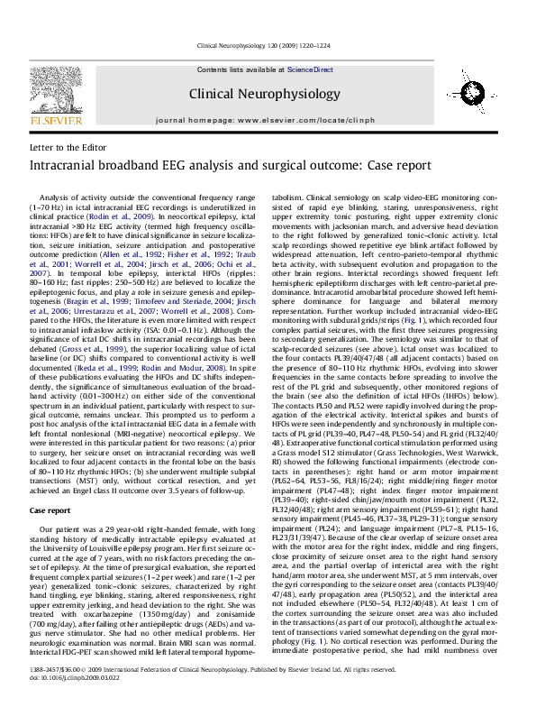 (PDF) Intracranial broadband EEG analysis and surgical outcome: Case report