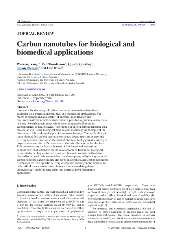 (PDF) Carbon nanotubes for biological and biomedical applications