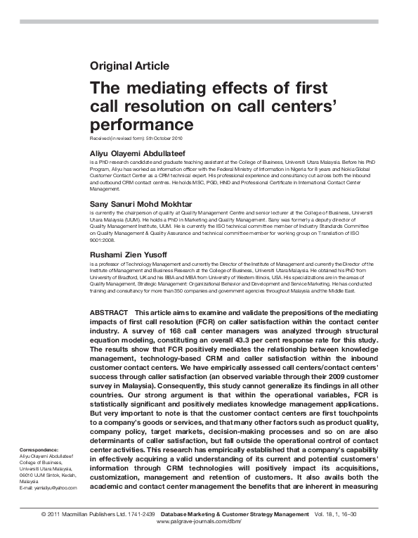 (PDF) The mediating effects of first call resolution on call centers ...