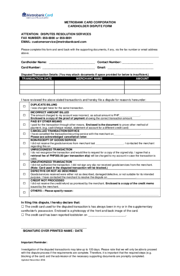 pdf metrobank card corporation cardholder dispute form fax attention form