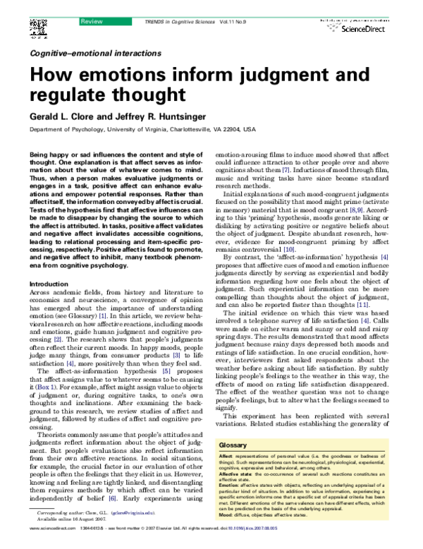 (PDF) How emotions inform judgment and regulate thought