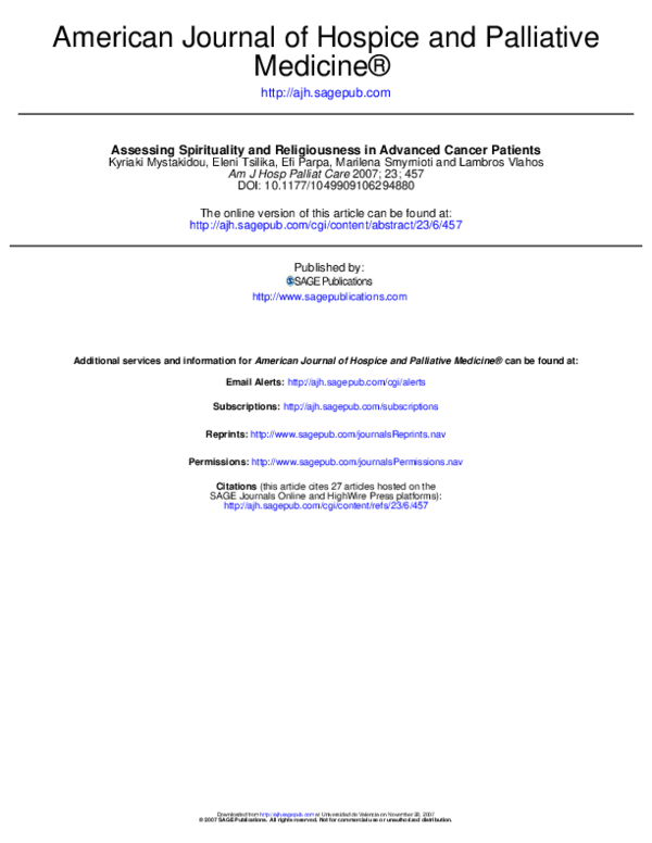 (PDF) Assessing Spirituality and Religiousness in Advanced Cancer Patients