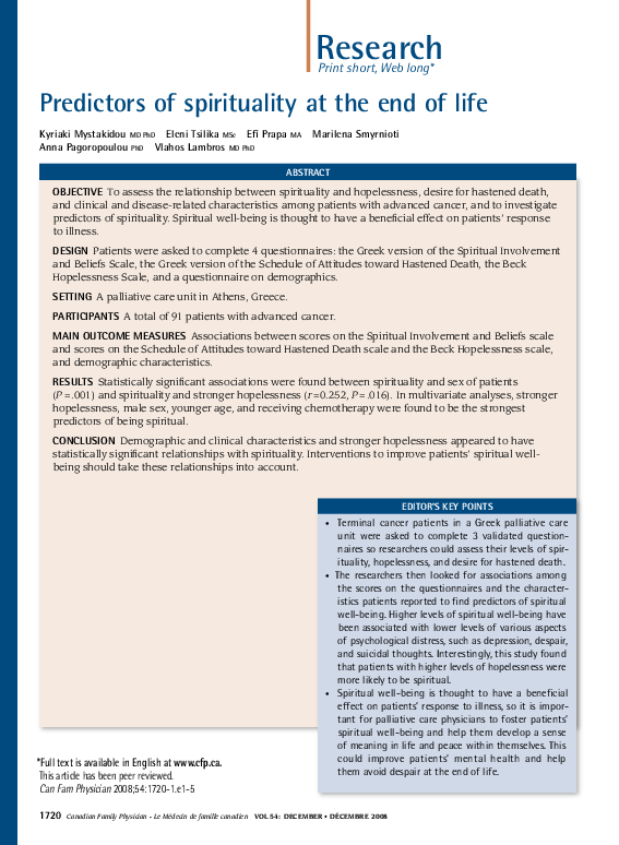 (PDF) Predictors of spirituality at the end of life