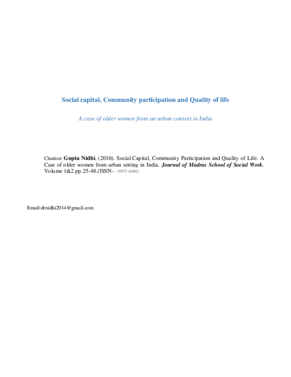 (PDF) Social capital, Community participation and Quality of life A ...