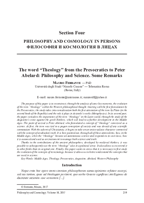 The word “Theology” from the Presocratics to Peter Abelard: Philosophy and Science. Some Remarks.