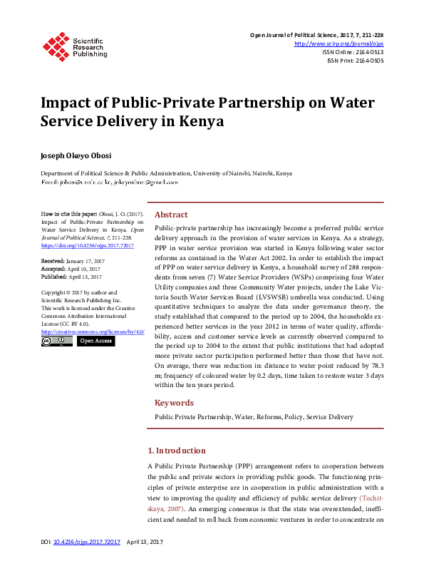 (PDF) Impact of PublicPrivate Partnership on Water Service Delivery in