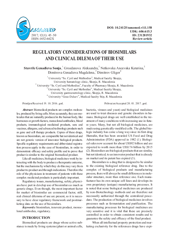 (PDF) REGULATORY CONSIDERATIONS OF BIOSIMILARS AND CLINICAL DILEMA OF ...