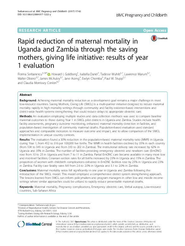 (PDF) Rapid reduction of maternal mortality in Uganda and Zambia