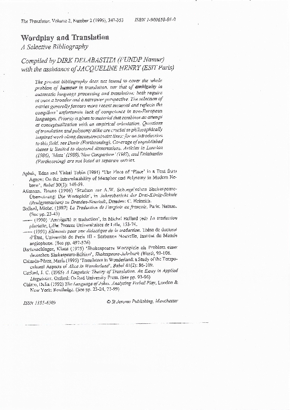 (PDF) Wordplay and Translation A Selective Bibliography